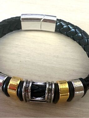 Men's Black Braided Leather Bracelet with Gold & Silver Accent Beads